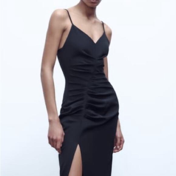 ZARA Black MIDI STRAPPY CAMISOLE DRESS GATHERING SLIT BLACK Size Small - Picture 4 of 9